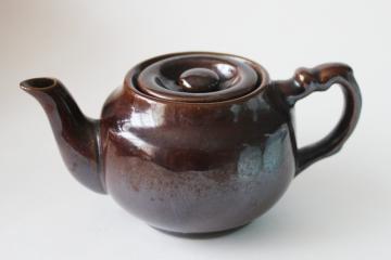 catalog photo of vintage Occupied Japan redware ceramic tea pot, brown glaze pottery teapot