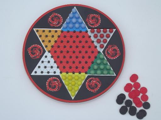 photo of vintage Ohio Art metal litho tin game board, Chinese Checkers & checkers set #2