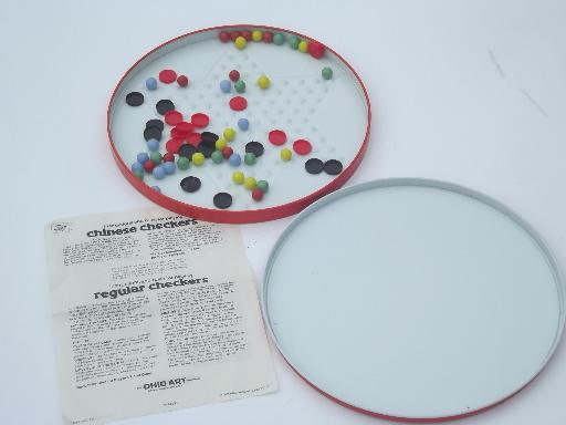 photo of vintage Ohio Art metal litho tin game board, Chinese Checkers & checkers set #5