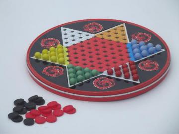 catalog photo of vintage Ohio Art metal litho tin game board, Chinese Checkers & checkers set