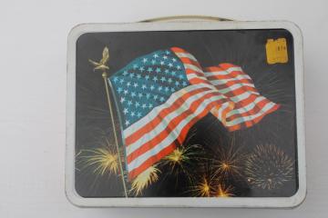 catalog photo of vintage Ohio Art metal lunchbox, day & night American flag print bicentennial patriotic decor 