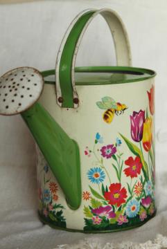 catalog photo of vintage Ohio Art tin litho print toy garden watering sprinkling can w/ bee & spring flowers