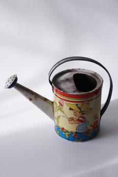 catalog photo of vintage Ohio Art tin toy watering can, child's garden or sandbox sprinkling can