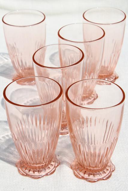 photo of vintage Old Colony lace edge fine rib drinking glasses, pink depression footed tumblers #1