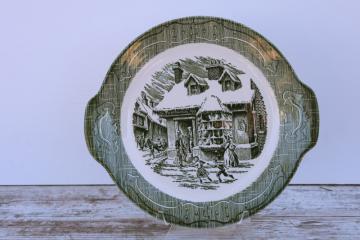 catalog photo of vintage Old Curiosity Shop green transferware Royal china cake plate or serving tray