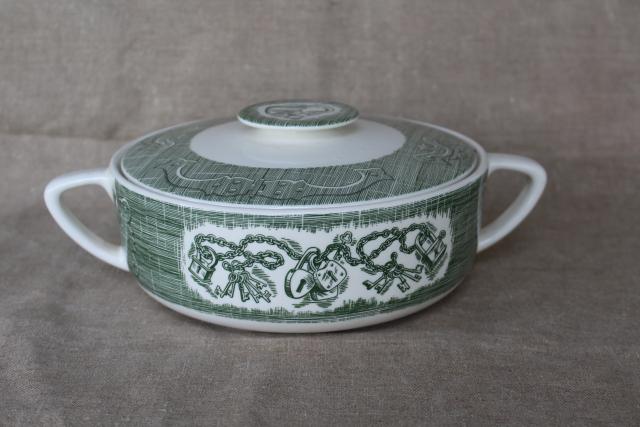 photo of vintage Old Curiosity Shop green transferware covered bowl serving dish, Royal - USA #1