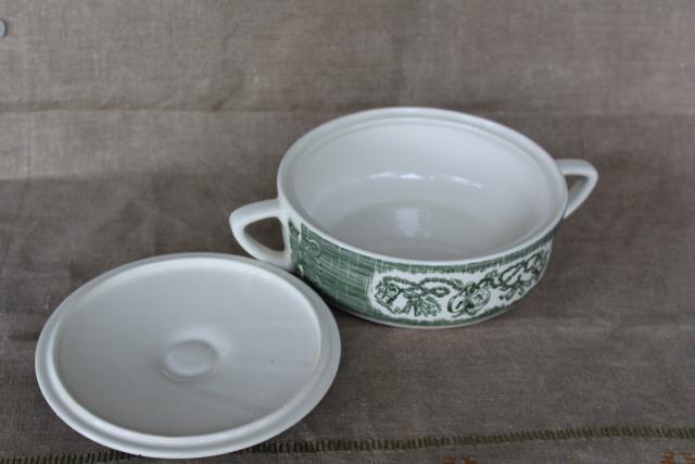 photo of vintage Old Curiosity Shop green transferware covered bowl serving dish, Royal - USA #3