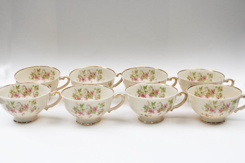 photo of vintage Old Ivory Syracuse china floral tea cups, Stansbury pink flowers Federal shape #1