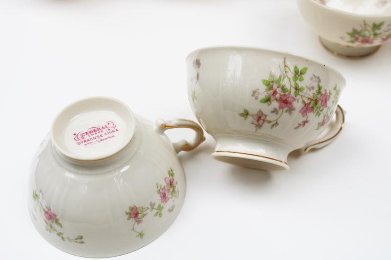 photo of vintage Old Ivory Syracuse china floral tea cups, Stansbury pink flowers Federal shape #3