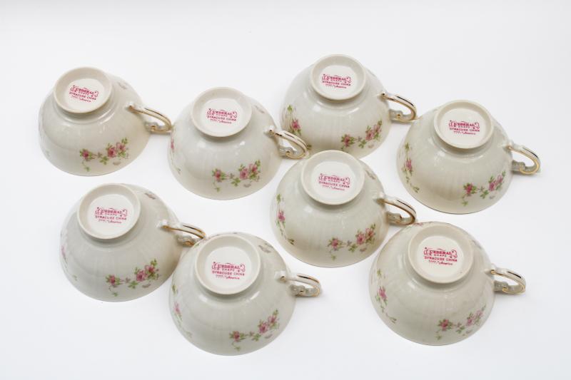 photo of vintage Old Ivory Syracuse china floral tea cups, Stansbury pink flowers Federal shape #5