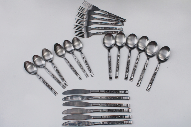 photo of vintage Oneida Northland stainless flatware set for 6, Strauss floral panel pattern #1