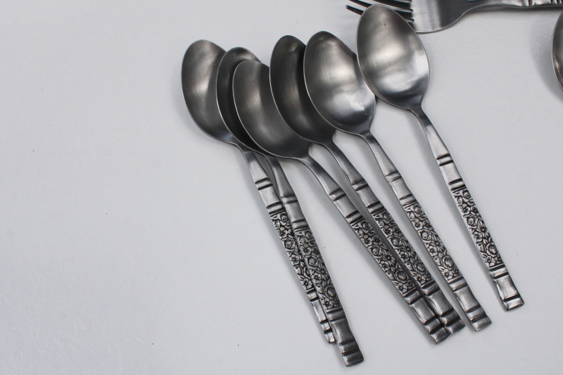 photo of vintage Oneida Northland stainless flatware set for 6, Strauss floral panel pattern #3