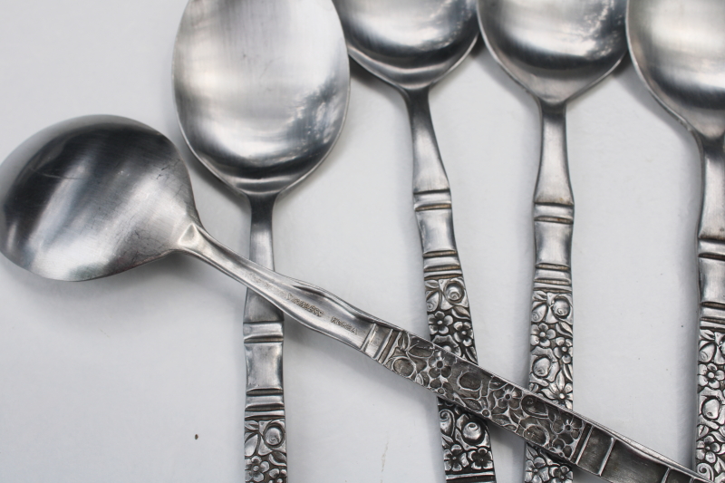 photo of vintage Oneida Northland stainless flatware set for 6, Strauss floral panel pattern #7