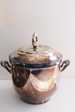 catalog photo of vintage Oneida silver plate ice bucket w/ glass liner bowl, Du Maurier pattern