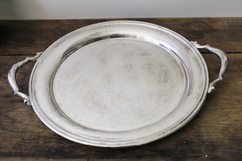 photo of vintage Oneida silver plate tray, large round waiters or butlers serving tray #1