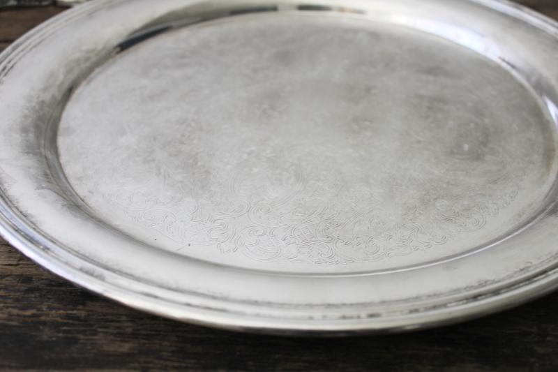 photo of vintage Oneida silver plate tray, large round waiters or butlers serving tray  #4