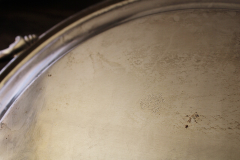 photo of vintage Oneida silver plate tray, large round waiters or butlers serving tray  #5
