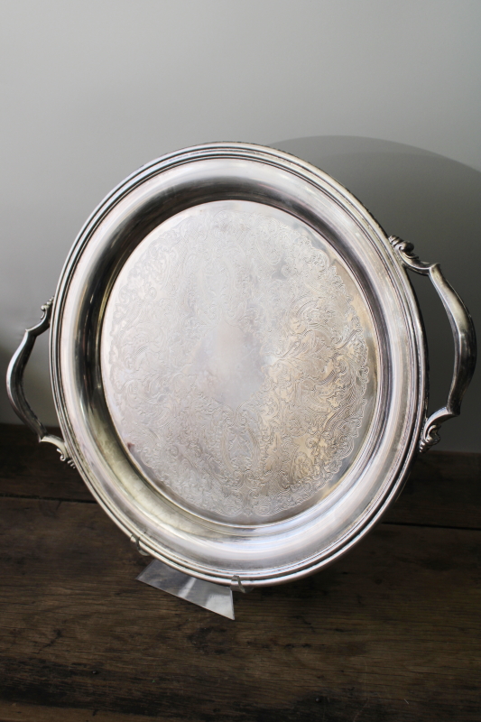 photo of vintage Oneida silver plate tray, large round waiters or butlers serving tray  #9
