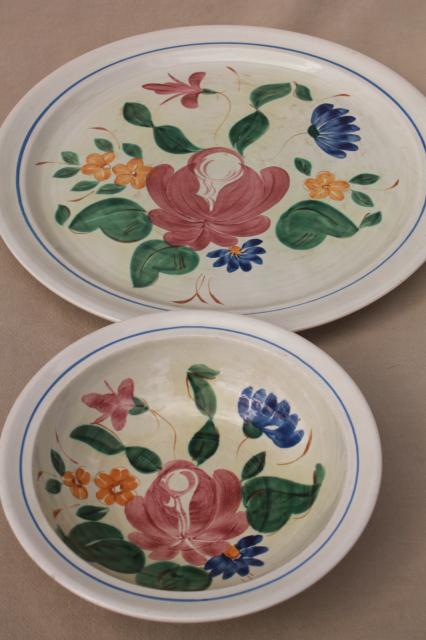 photo of vintage Orleans floral Red Wing pottery dinnerware, serving bowl & large round chop plate platter or tray #3