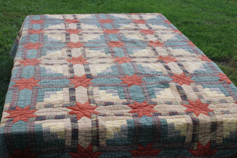 photo of vintage Orvis queen size quilt, cotton plaids patchwork fall colors, muted green, yellow, orange  #1