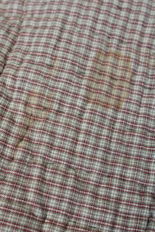 photo of vintage Orvis queen size quilt, cotton plaids patchwork fall colors, muted green, yellow, orange  #2
