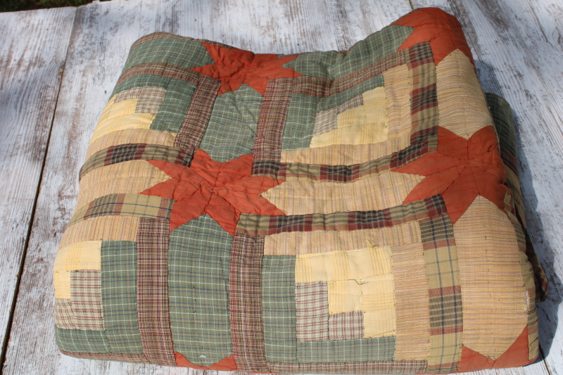 photo of vintage Orvis queen size quilt, cotton plaids patchwork fall colors, muted green, yellow, orange  #4