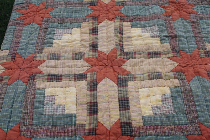 photo of vintage Orvis queen size quilt, cotton plaids patchwork fall colors, muted green, yellow, orange  #5