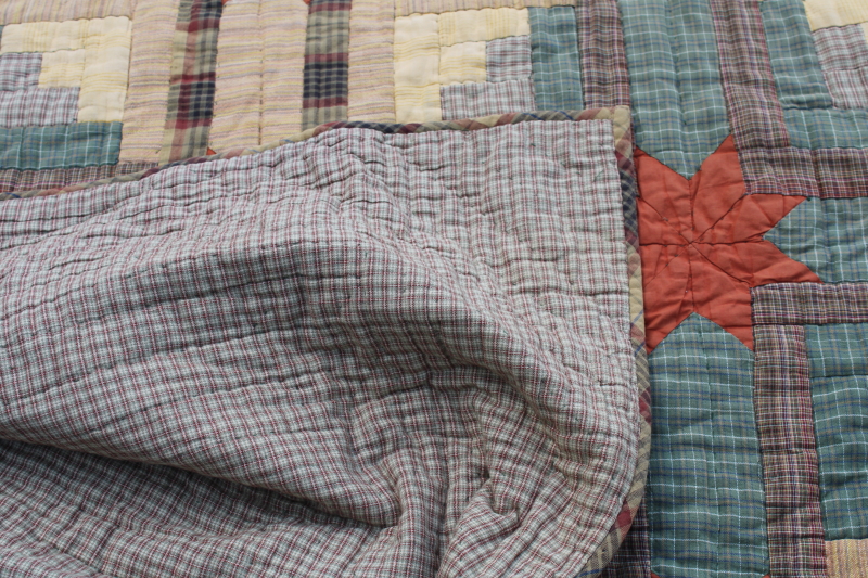 photo of vintage Orvis queen size quilt, cotton plaids patchwork fall colors, muted green, yellow, orange  #6