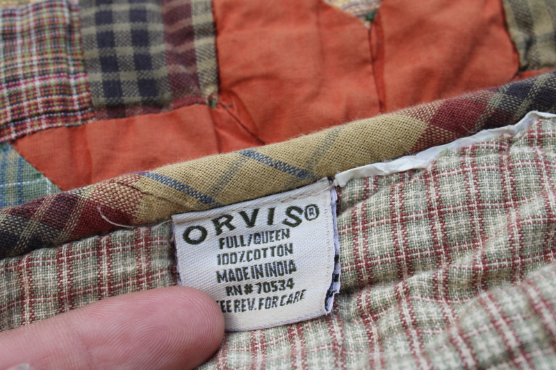 photo of vintage Orvis queen size quilt, cotton plaids patchwork fall colors, muted green, yellow, orange  #7