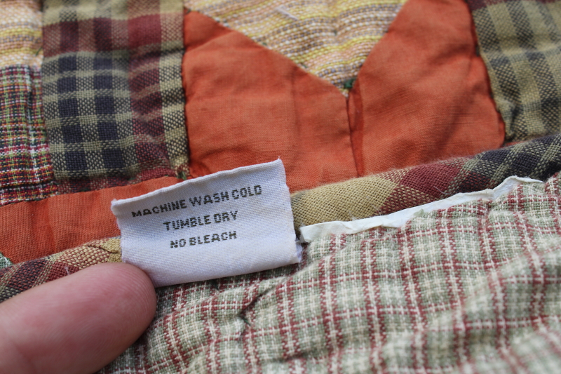 photo of vintage Orvis queen size quilt, cotton plaids patchwork fall colors, muted green, yellow, orange  #8