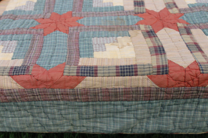photo of vintage Orvis queen size quilt, cotton plaids patchwork fall colors, muted green, yellow, orange  #9