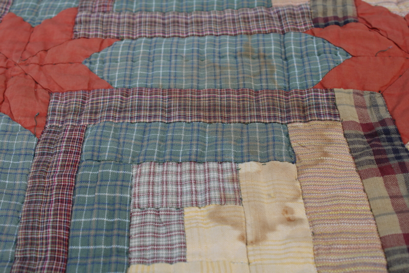 photo of vintage Orvis queen size quilt, cotton plaids patchwork fall colors, muted green, yellow, orange  #10