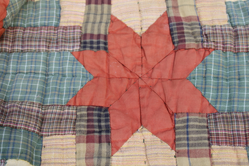photo of vintage Orvis queen size quilt, cotton plaids patchwork fall colors, muted green, yellow, orange  #11