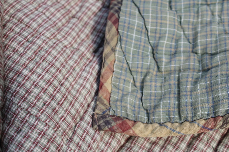 photo of vintage Orvis queen size quilt, cotton plaids patchwork fall colors, muted green, yellow, orange  #12