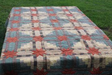 catalog photo of vintage Orvis queen size quilt, cotton plaids patchwork fall colors, muted green, yellow, orange 