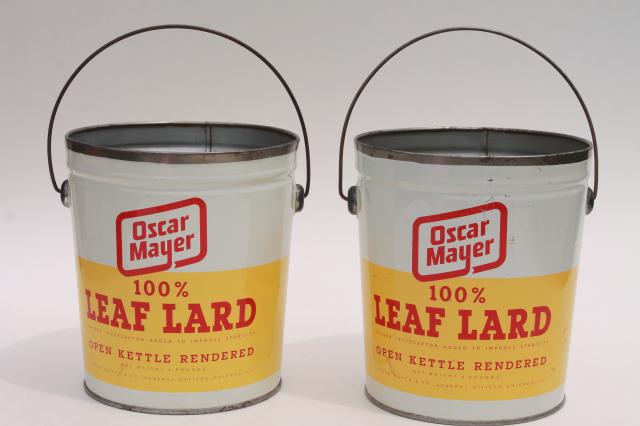 photo of vintage Oscar Meyer lard buckets, lunch bucket size tin can pails #1