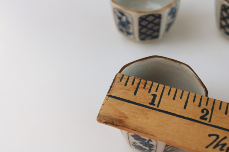 photo of vintage Otagiri Japan sauce dishes or tiny sake cups, blue plum blossom on tan ceramic #2