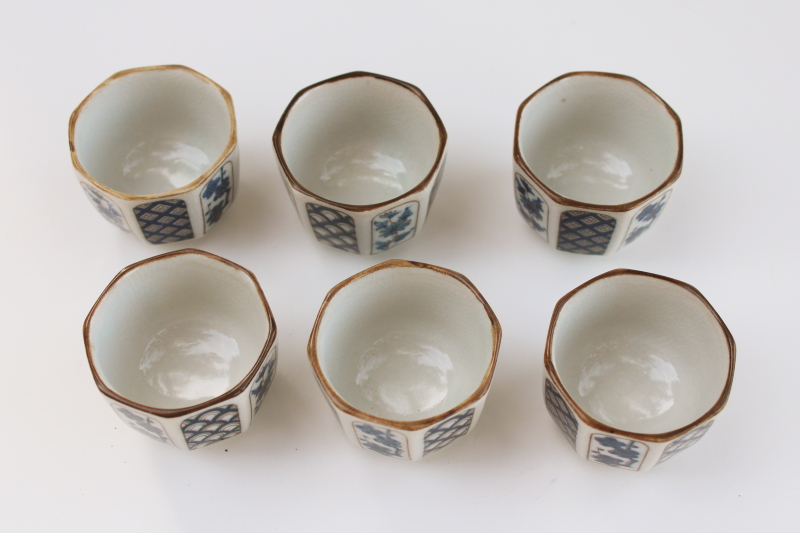 photo of vintage Otagiri Japan sauce dishes or tiny sake cups, blue plum blossom on tan ceramic #4