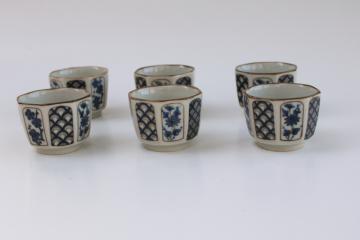 vintage Otagiri Japan sauce dishes or tiny sake cups, blue plum blossom on tan ceramic