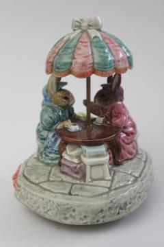 catalog photo of vintage Otagiri Japan wind up music box You've Got A Friend girl bunnies coffee gossip 