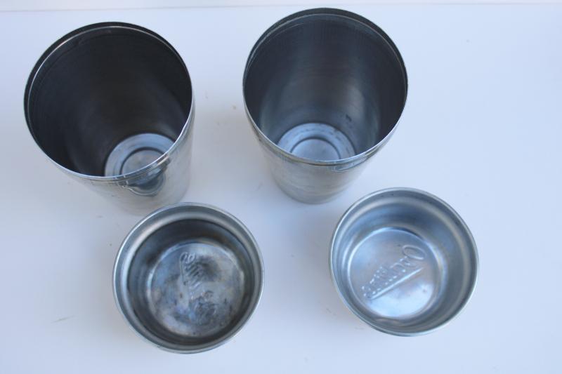 photo of vintage Ovaltine metal malt cups w/ lids, deco style aluminum shaker drink mixers #3
