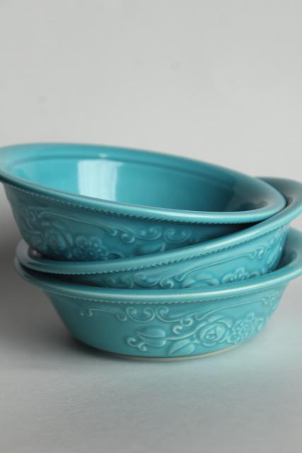 photo of vintage Oven Serve Homer Laughlin turquoise fruit bowls, embossed design #1