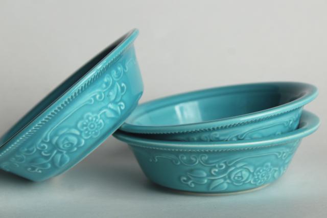 photo of vintage Oven Serve Homer Laughlin turquoise fruit bowls, embossed design #3