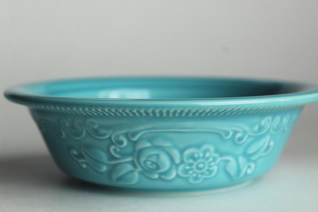 photo of vintage Oven Serve Homer Laughlin turquoise fruit bowls, embossed design #4