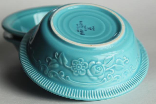 photo of vintage Oven Serve Homer Laughlin turquoise fruit bowls, embossed design #7