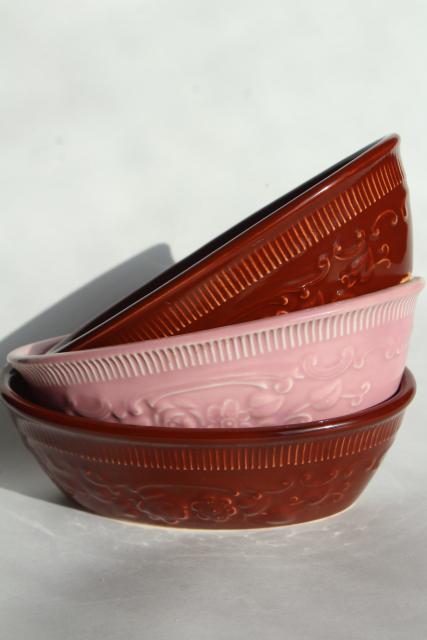 photo of vintage Oven Serve pottery bowls, oval dishes w/ embossed floral Homer Laughlin & TST #1