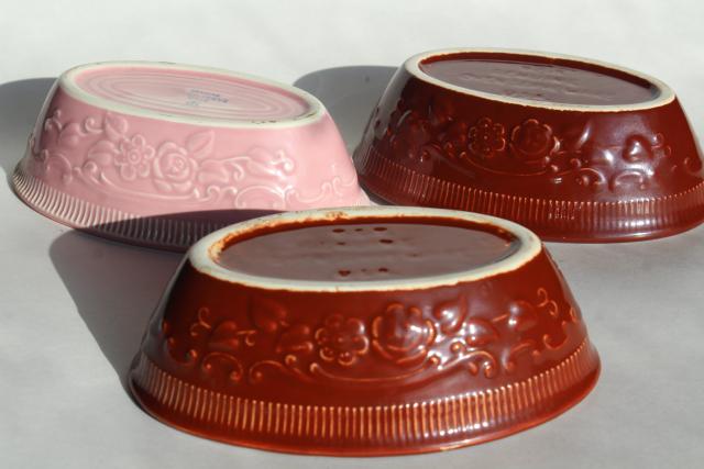 photo of vintage Oven Serve pottery bowls, oval dishes w/ embossed floral Homer Laughlin & TST #12