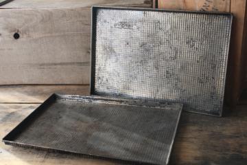 catalog photo of vintage Ovenex waffle texture metal baking pans, jelly roll sheet cake or cookie sheets