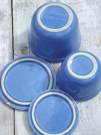 photo of vintage Oxfordware pottery fridge boxes, set of covered bowls in cornish blue #6