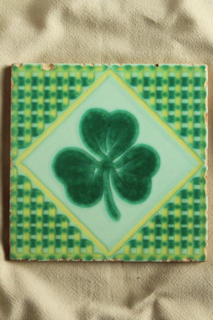 photo of vintage Pacific pottery tile, lucky Irish clover green shamrock design #1